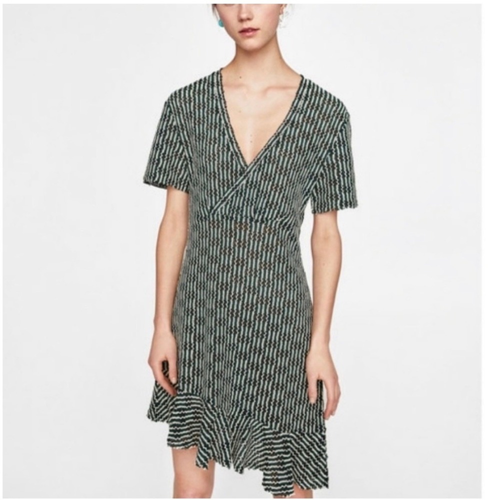 Zara W&B Collection Green White Fairy Grunge Ruffle Asymmetric Mini Dress Large